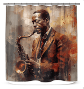 Melodic Masterpiece shower curtain, enhancing bathroom ambiance with music-inspired elegance